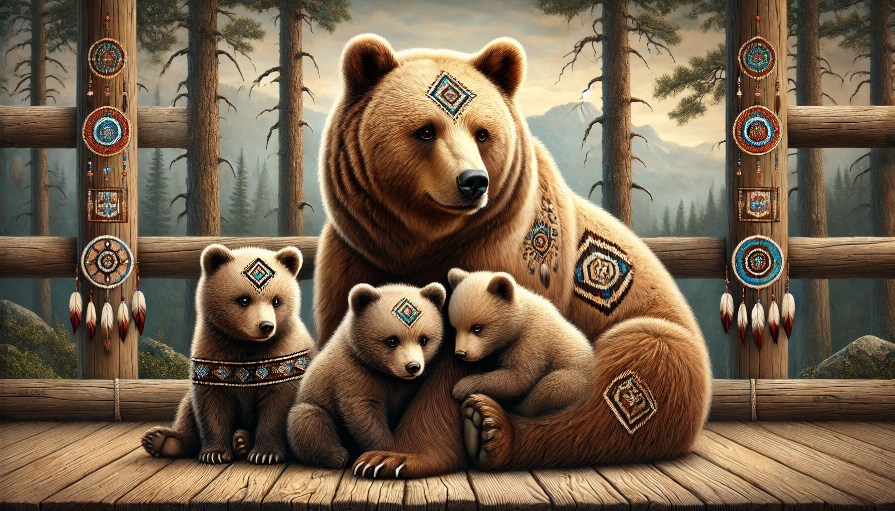 A beautiful picture of a mother and her bear cubs.